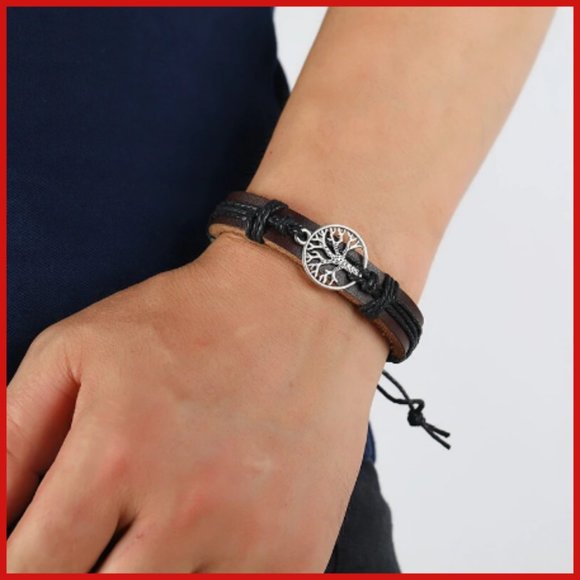 NWT BLACK LEATHER ADJUSTABLE WRISTBAND WITH SILVER TONE TREE OF LIFE - Picture 4 of 5